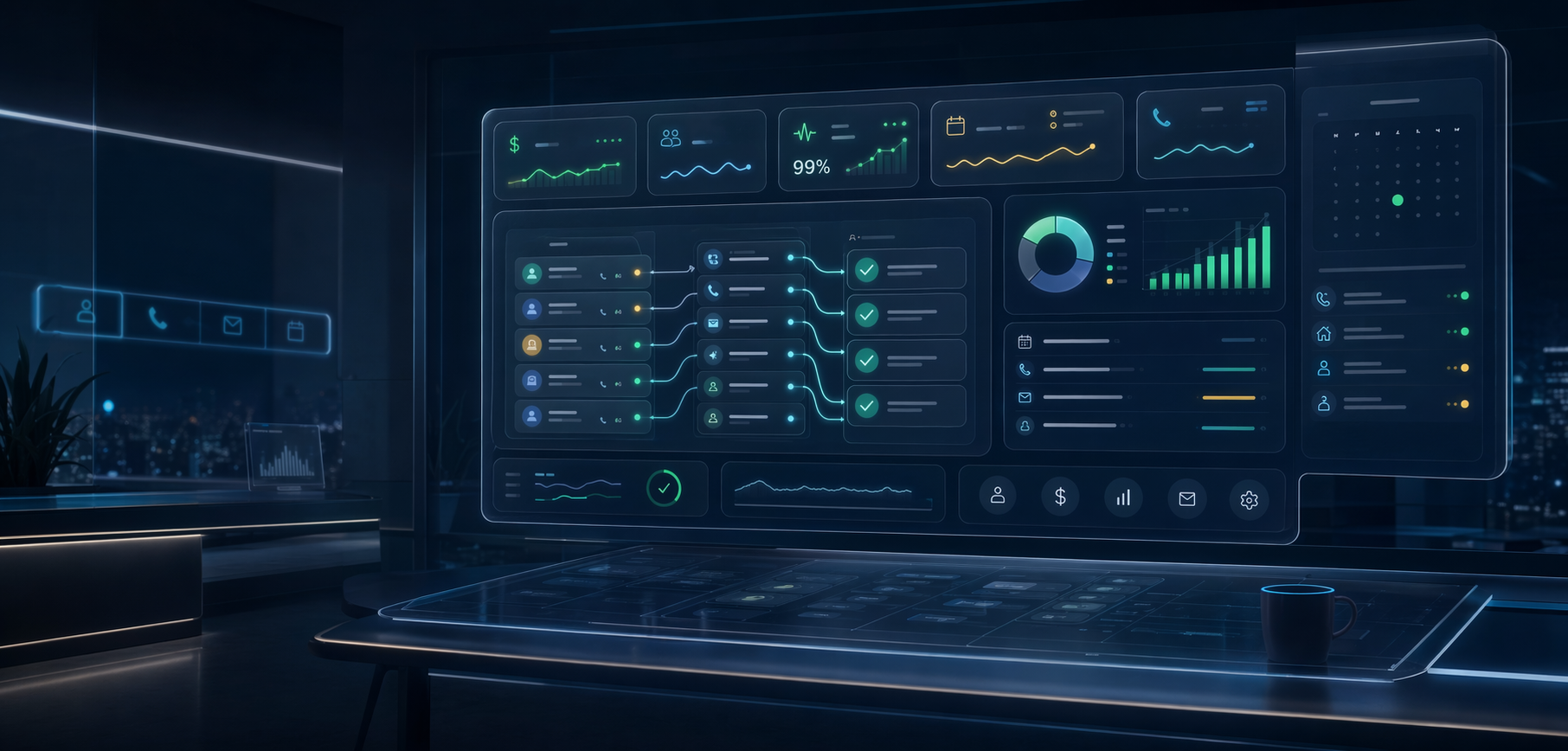 A premium AI operations command center showing lead capture, calendar, phone, CRM pipeline, and revenue signals.